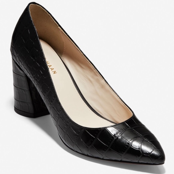 Cole Haan Karena Black Leather Pump Crocodile Print Leather Block Heel Shoes 10 - Picture 4 of 14